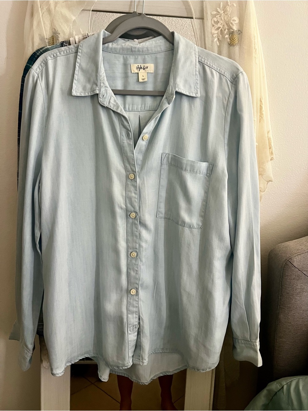 Style & Co. Pale Blue Long-Sleeve Button Front Blouse